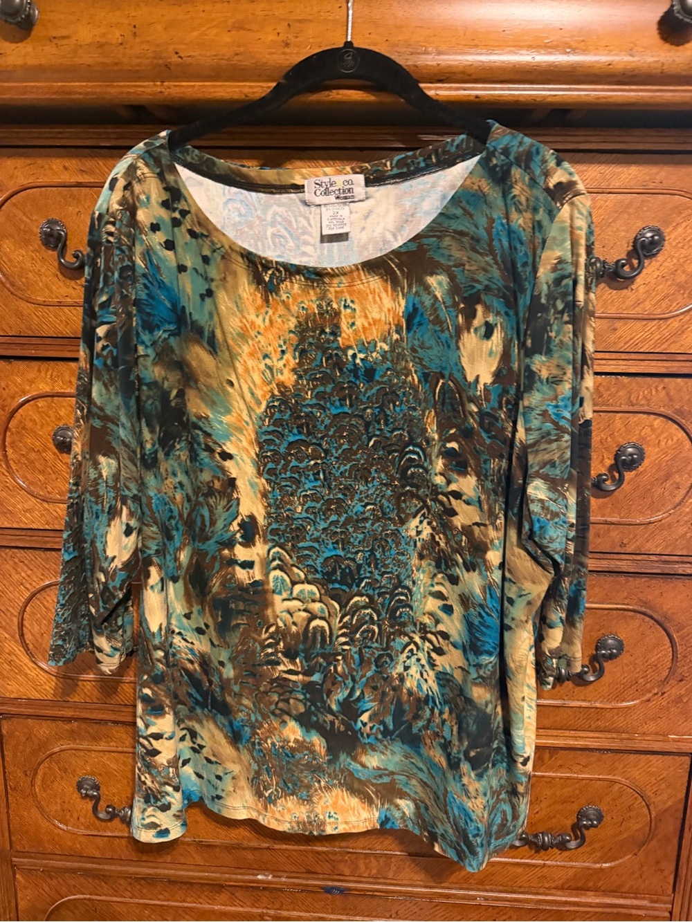 Style & Co. Teal and Brown Abstract Scoop Neck Top